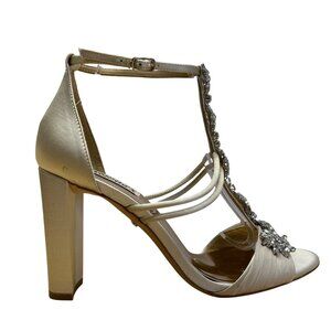Badgley Mischka Laney Ivory Satin Rhinestone Embellished Heeled Sandals Sz 9